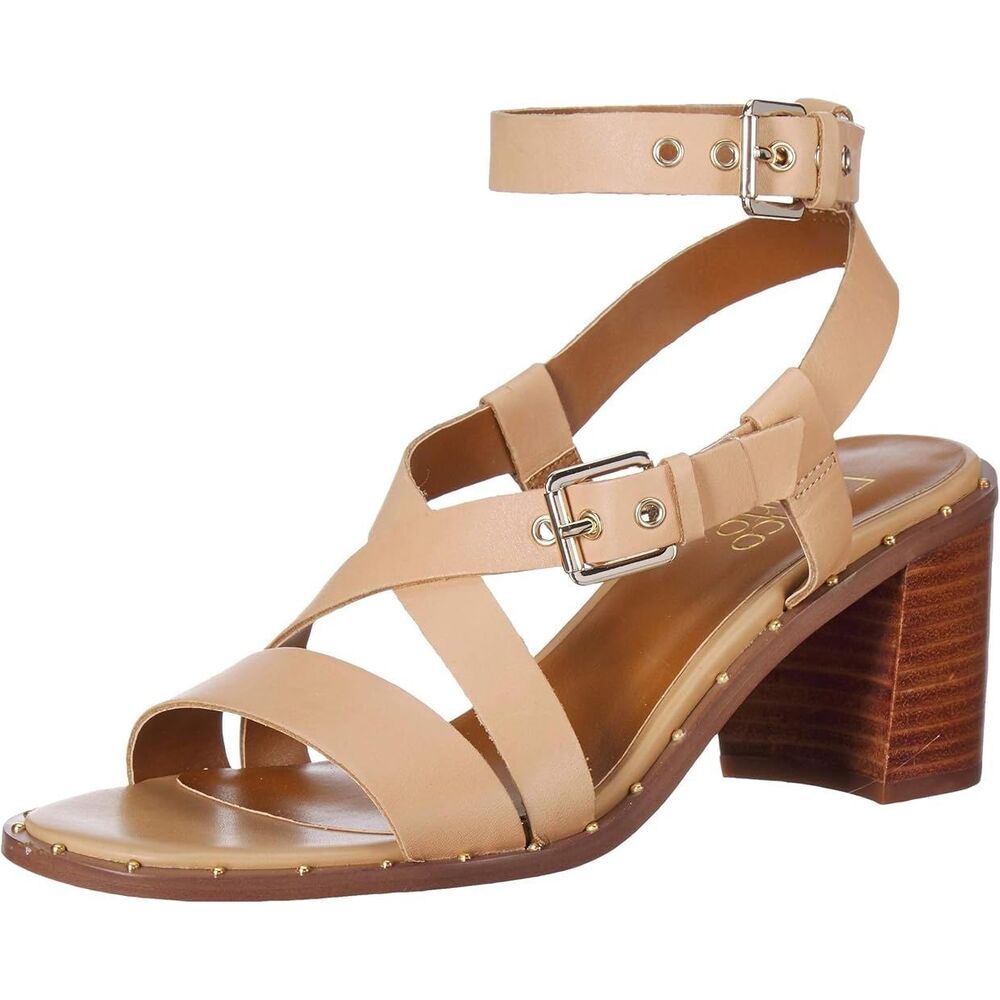 FRANCO SARTO Women’s Tan Leather Halina Studded Block Heel Sandals Size 9